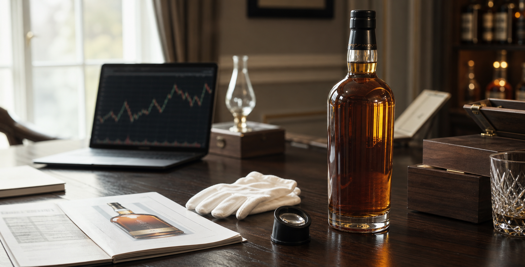 Whisky bottle being assessed on an auction appraisal desk